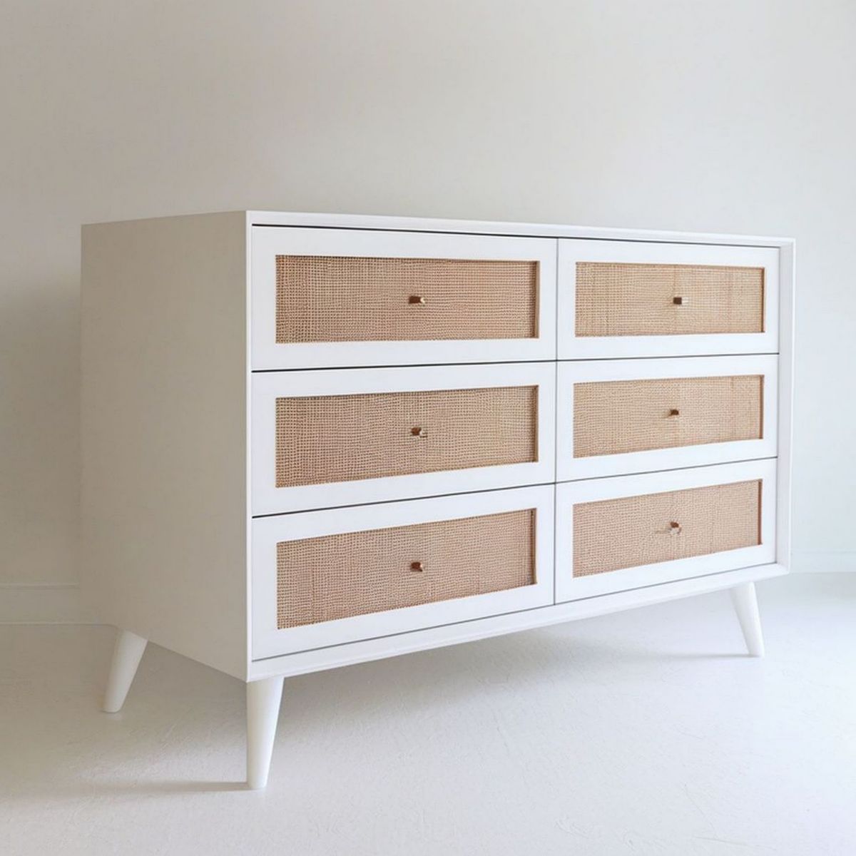 Kommode mit 6 Schubladen, 120 x 40 x 80 cm, Weiss/Natur-Rattan