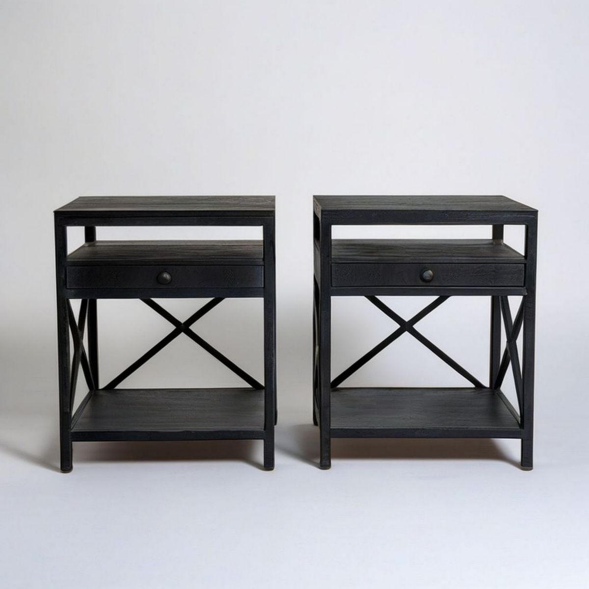 2er-Set Nachttische aus Massivholz mit Schublade und Ablagen, Schwarz, 50 x 40 x 65 cm