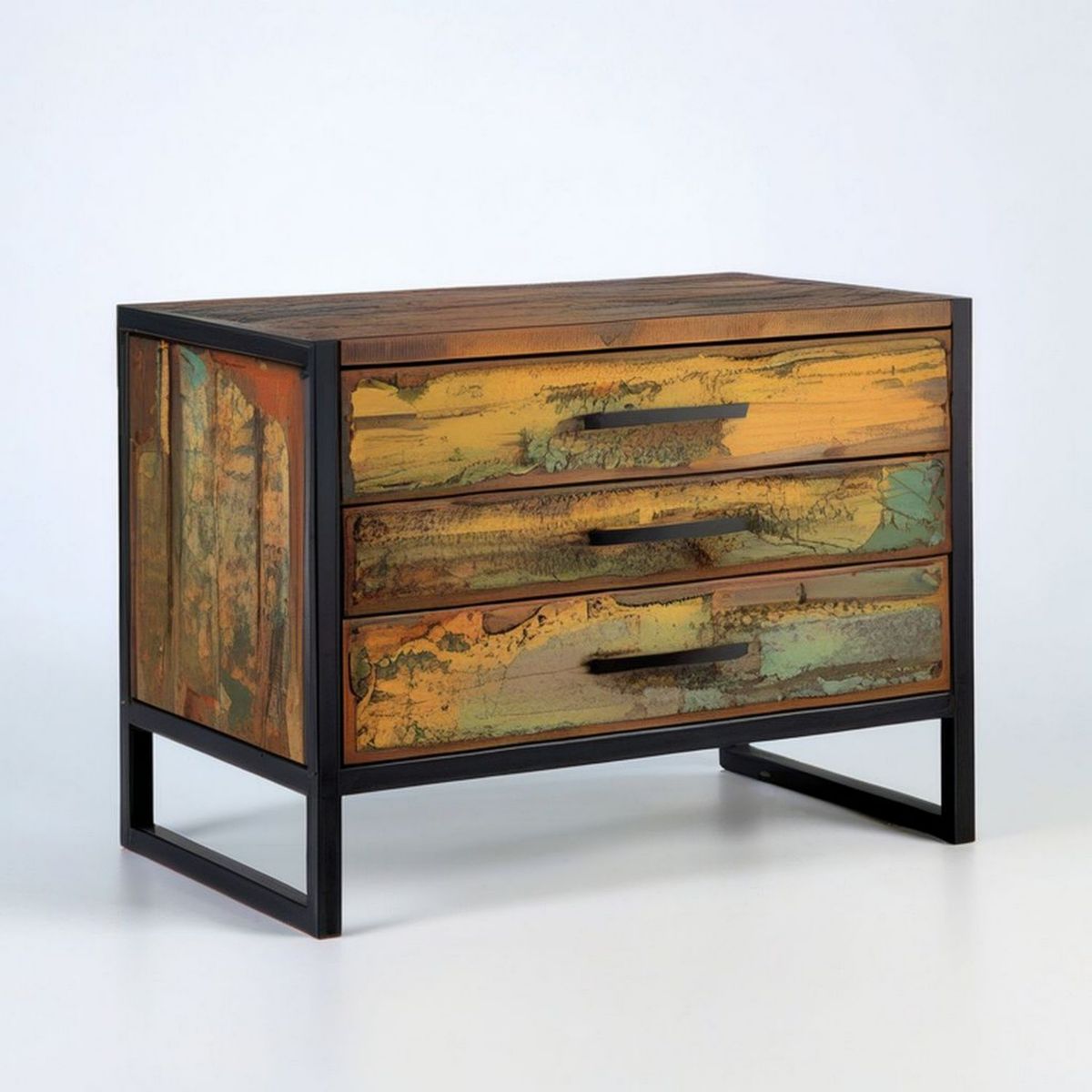 Schubladenkommode im Industrie-Stil mit 3 Schubladen, 80 x 40 x 75 cm, Braun/Gelb/Grün/Orange/Schwarz