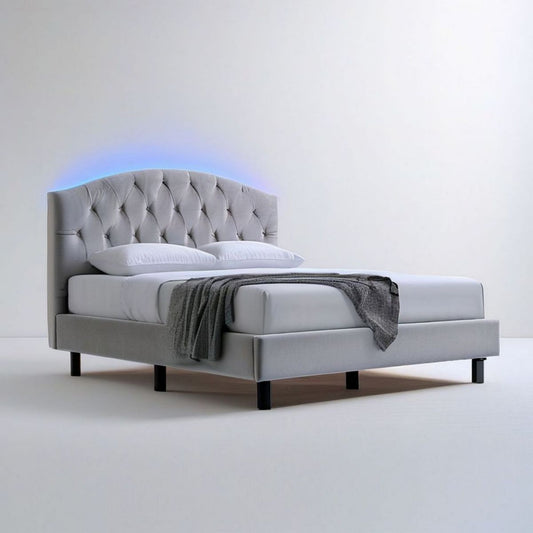 Gepolstertes Doppelbett 160 x 200 cm, Hellgrau, Samt-Kopfteil mit Knopfheftung