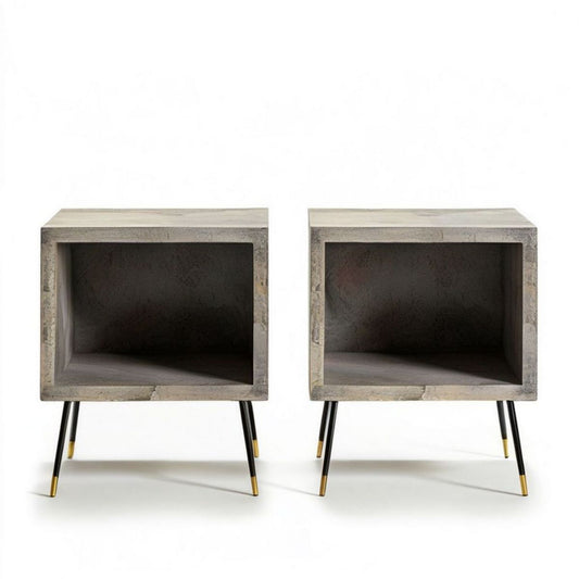 2er-Set Nachttische 40 x 35 x 55 cm in Betonoptik Grau mit schwarzen Stahlbeinen und goldfarbenen Akzenten